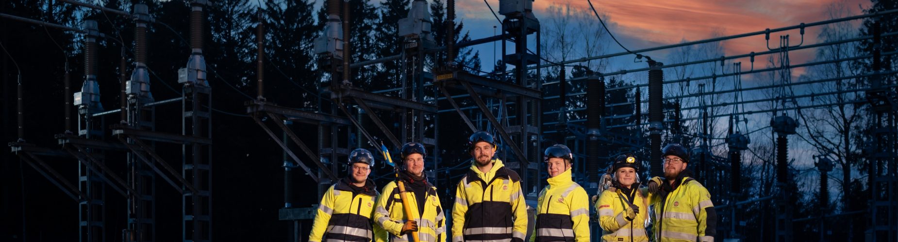 Distributionselektriker på rad framför elledningar